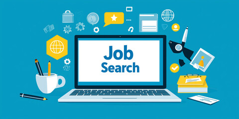 Poster - Job search concept with a laptop and business icons