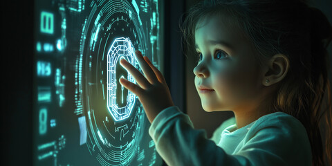 Aufkleber - Young girl interacting with futuristic holographic interface displaying security lock