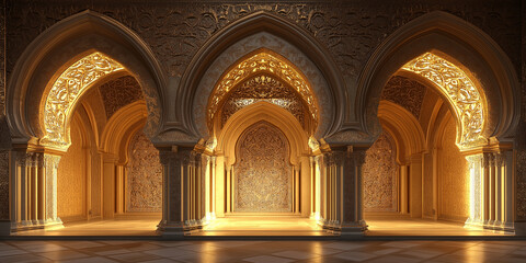 Luxurious golden palace interior shining in the sunset light