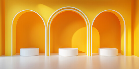 Poster - Three white round podiums displaying on yellow background with arches and sunlight 3d rendering