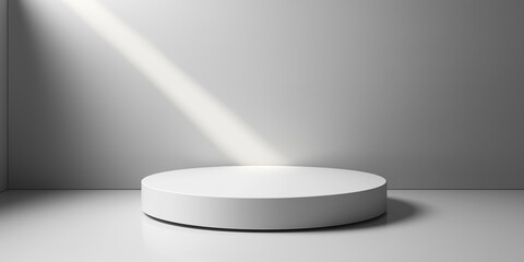 Poster - White round podium illuminating by spotlight in empty room
