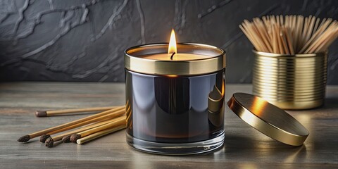 Wall Mural - Luxurious black glass candle with golden lid and matches on table, luxury, elegant, decor, interior, home, decoration