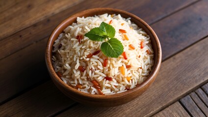 Wall Mural - Cooked Thai Organic Red Jasmine Rice in wooden teak bowl.