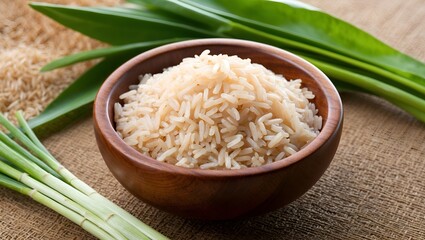 Wall Mural - Cooked Thai Organic Red Jasmine Rice in wooden teak bowl.