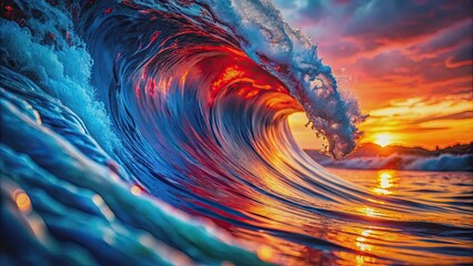 Wall Mural - Close-up of a wave with swirling blue and red water, resembling a fiery marble, wave, water, swirl, blue, red, fiery