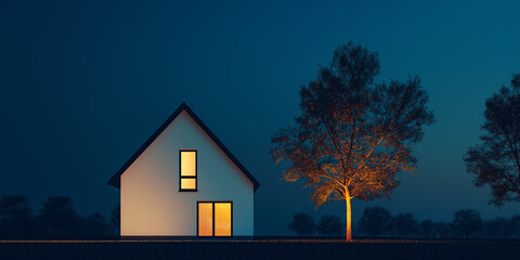 Poster - Modern house glowing in the night with warm lights illuminating the tree