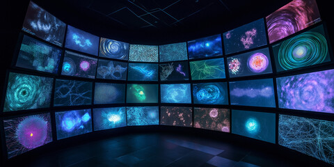 Wall Mural - Wall of monitors showing scientific data visualizations in a dark room