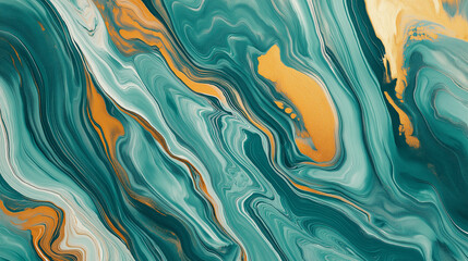 Poster - Liquid gold mixing with teal and turquoise creating abstract acrylic painting background