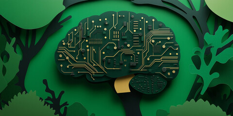 Poster - Electronic brain surrounded by paper cutout trees symbolizing ai and nature connection