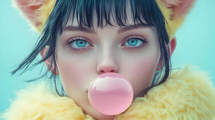 Poster - A close-up portrait of a girl blowing bubble gum, wearing a fluffy yellow outfit and headband.