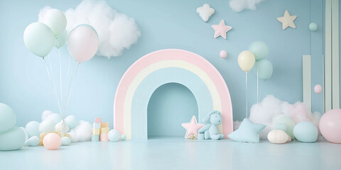 Baby room decorated with balloons and rainbow for photoshoot