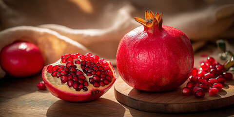 Aufkleber - Ripe pomegranate fruit sitting on wooden cutting board with seeds scattered around