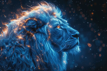 Wall Mural - Leo predator with mane, man face symbol of constellation of zodiac horoscope of east, blue fiery neon background.