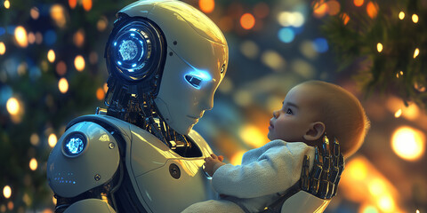 Poster - White humanoid robot holding a baby in front of christmas tree lights