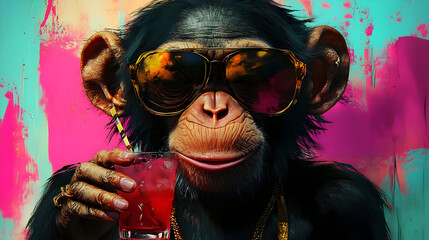 Wall Mural - A stylish monkey wearing sunglasses and holding a colorful drink, exuding a fun vibe.