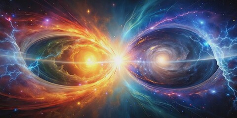 Wall Mural - a mesmerizing image of cosmic collision with vibrant light and darkness swirling together, cosmic, c