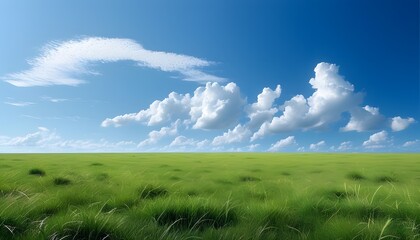 The blue sky and white clouds intersect, and the grassland is peaceful and vast, showing the beauty of nature.