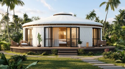 Round wooden house with a white canvas roof in a lush tropical garden.