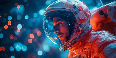 Poster - Astronaut is exploring a new planet, surrounded by colorful bokeh lights