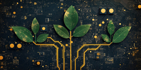 Poster - Green plant growing from motherboard green technology concept