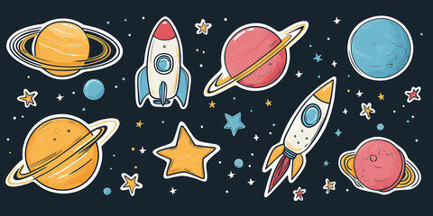 Aufkleber - Colorful set of space rockets flying among planets and stars