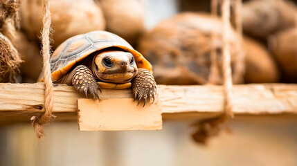 Tiny Tortoise with a Blank Slate:  A small, curious tortoise peeks out from behind a blank sign, perched on a wooden shelf amidst a backdrop of potatoes, hinting at a story waiting to be written.  