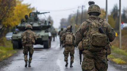 Military unit advancing on road with tank during military operation