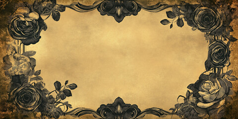 Poster - Vintage grunge background featuring roses forming a border around old parchment