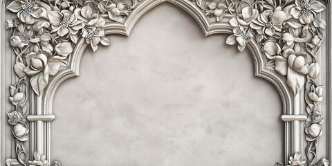 Poster - White floral stone ornament forming a frame on a grunge concrete wall