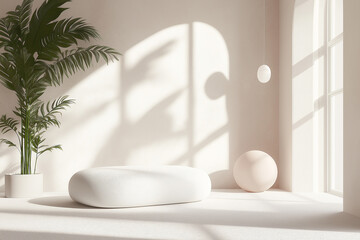 Aufkleber - Empty white cylinder product display podium in minimal sunlit room with palm tree