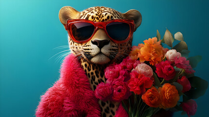 Wall Mural - A stylish leopard wearing sunglasses holds a bouquet of colorful flowers.