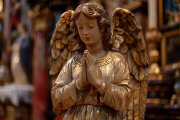 Wall Mural - Golden Angel Statue with Hands Clasped in Prayer