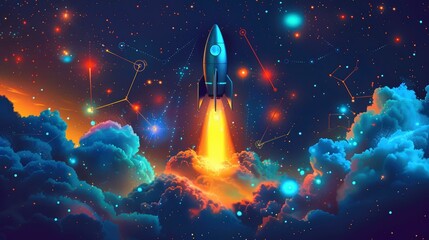 a vibrant rocket soaring through a starry night sky, symbolizing exploration and adventure in the co