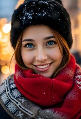 Wall Mural - Smiling Woman in Winter Attire with Fur Hat and Scarf