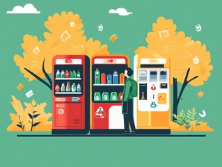 Poster - of a nationwide recycling initiative with comprehensive government programs and policies to promote environmental sustainability and waste management through a flat design style