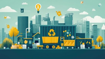 Poster - of a modern green tech recycling eco innovation hub with a flat design style showcasing sustainable industrial and manufacturing concepts for a clean efficient and environmentally friendly future