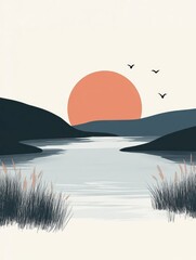 Poster - Minimalist Abstract Landscape A Serene Digital Art Depicting a Tranquil and Calming Natural Scene with Geometric Shapes and Soft Pastel Colors