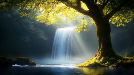 Poster - A serene waterfall surrounded by lush greenery and illuminated by soft sunlight.