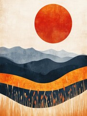 Poster - Emotive Minimalist Abstract Landscape Captivating Emotional Interpretation in Flat Design Serene Calming and Expressive Digital Art with Vivid Colors Geometric Patterns and Atmospheric Textures
