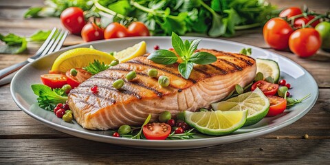 Wall Mural - Grilled salmon steak served with fresh salad , food, seafood, salmon, healthy, grilled, steak, lunch, dinner, gourmet, cuisine