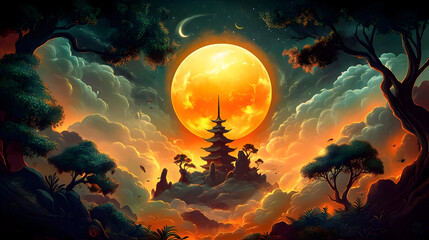 Canvas Print - A mystical landscape featuring a large moon, clouds, and a pagoda silhouette.