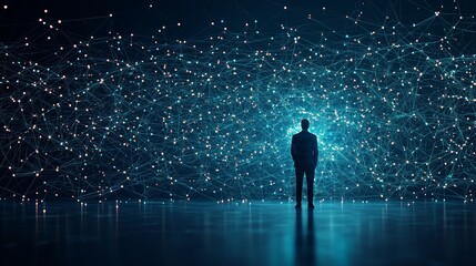 a figure stands before an abstract, illuminated network, symbolizing connection and technological ad