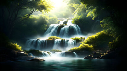 Poster - A serene waterfall cascading through lush greenery, creating a tranquil natural scene.