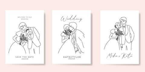 Wall Mural - elegant wedding invitation card background vector. minimal hand drawn bride and groom in black line 