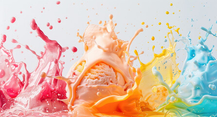 Wall Mural - Colorful ice cream splashes in the air, creating an abstract background with a white backdrop.