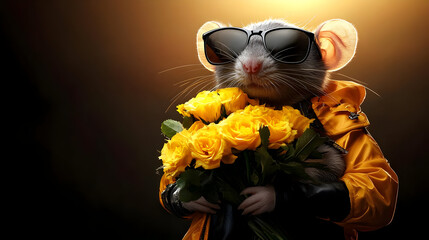 Wall Mural - A stylish mouse in sunglasses holds yellow roses, exuding a fun and playful vibe.