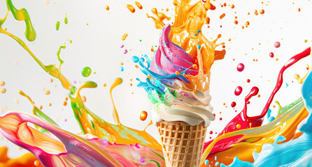 Wall Mural - Colorful ice cream splashes in the air, creating an abstract background with a white backdrop.