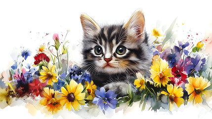 Wall Mural - A cute kitten peeking out from a colorful array of flowers in a watercolor style.