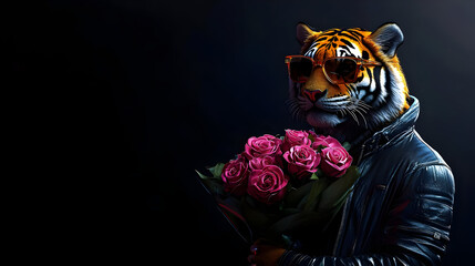 Canvas Print - A stylized tiger wearing sunglasses and a leather jacket holds a bouquet of roses.