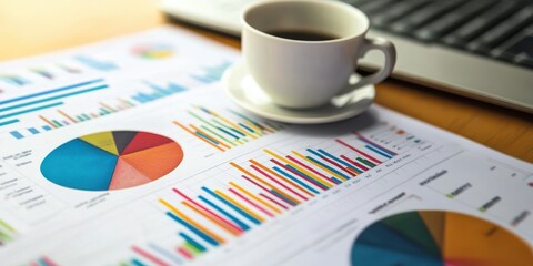 Coffee cup on desk with colorful charts and laptop, representing business analysis and finance.